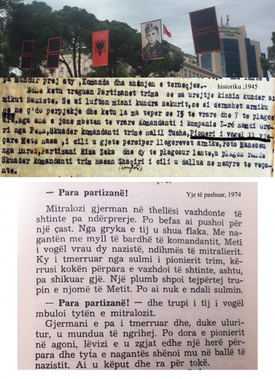 Fotoja e Met Hasës në bulevard dhe faksimile nga historiku i brigadës shkruar në vitin 1945 e libri &quot;Yje të pashuar&quot; i vitit 1974  