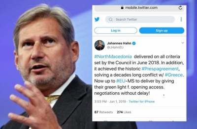 Hann kërkon t’i hapen negociatat Maqedonisë, pa asnjë hezitim dhe vonesë. Asnjë fjalë për Shqipërinë...