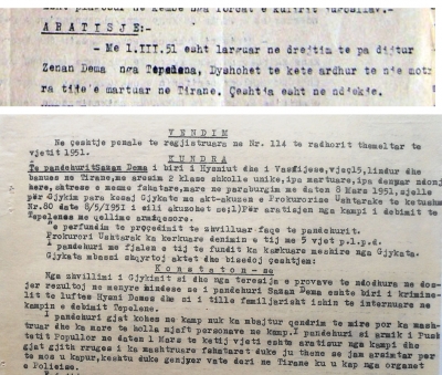 Njoftimi i parë mbi largimin e Sazanit nga kampi (emri shkruhet gabim), si dhe pjesë e vendimit të gjykatës ushtarake që e dënoi atë