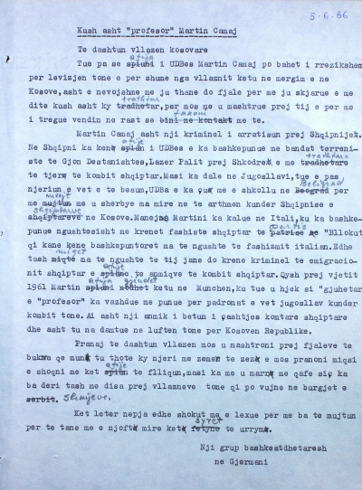 Teknologjia e shpifjes ndaj Martin Camajt, si i shkruante Sigurimi letrat e kosovarëve