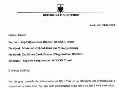 Koordinatori i LSI në Vorë publikon letrën për MSH: Mjekët dhe infermierët ankohen se u mungojnë dorezat, maskat dhe dezinfektantët