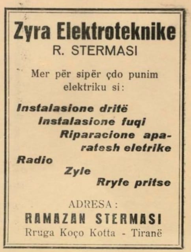 Reklamë e zyrës elektroteknike R. Stërmasi në Tiranë në vitet &#039;30.