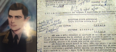 Xhafer Kananaj me uniformën e &quot;majorit&quot; në vitin 1960 dhe faksimile e një njoftimi rreth aktit të tij 