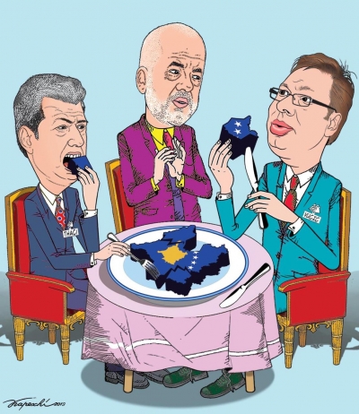 Ironia: Edi Rama, Hashim Thaçi dhe Aleksandër Vuçiç “duke ngrënë” Kosovën