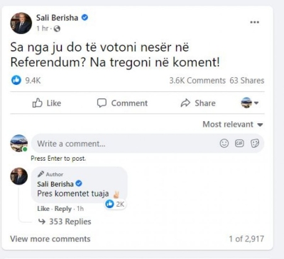 &#039;Sa nga ju do të merrni pjesë në Referendum?&#039;/ Lumë me komente dhe &#039;like&#039; në postimin e Berishës